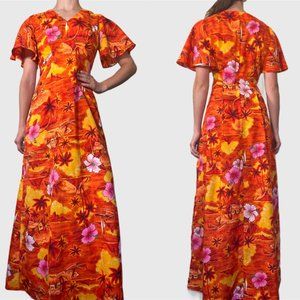 Vintage 70s Hawaiian Dress, 1970s Orange Floral Maxi Dress